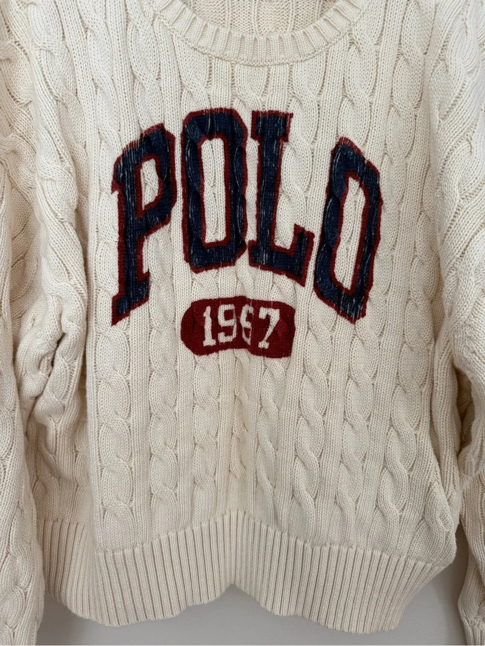 Polo Ralph Lauren Cable Knit Sweater Cream Cotton Size XXL 1967 Spellout Varsity
